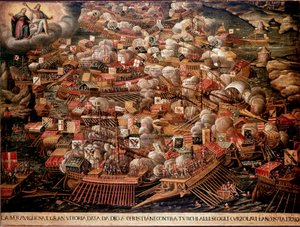 La batalla de Lepanto frente a las costas de Grecia enfrentó a fuerzas españolas, venecianas y papales contra los otomanos en 1571. Pintura anónima. Siglo XVI. Venecia, Museo Correr de Unknown artist