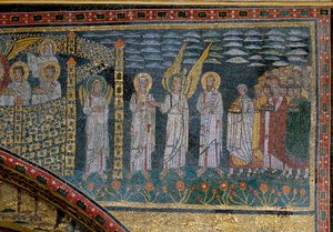 Los bienaventurados guiados por un ángel: detalle del arco triunfal con la Jerusalén celestial. (detalle)