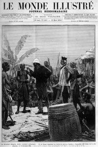 La Misión Brazza en África Occidental: Pietro Paolo Savorgnan di Brazza o Pierre Paul François Camille Savorgnan de Brazza (1852-1905) organizando un convoy de porteadores Batekes a Franceville (Gabón) el 14 de diciembre. de Unknown artist
