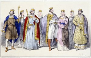 Los carolingios: Hugo Capeto, Adelaida, Roberto, Constanza, Enrique I, Ana de Rusia, Berta, Felipe I - en “Reyes y Reinas de Francia en estampas”, París, ed. Swift de Unknown artist