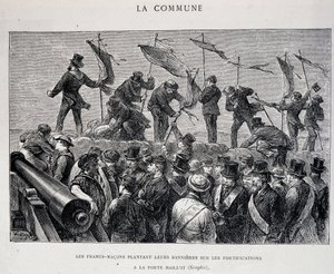 La Comuna: Masones plantando sus banderas en las fortificaciones en Porte Maillot (1871) - grabado