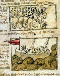 Los cruzados viajando a Tierra Santa. De "Peregrinationem in Terram Sanctam". Manuscrito del siglo XII. Biblioteca Marciana, Venecia.