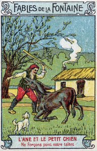 El Burro y el Perro Pequeño - Fábulas de Jean de La Fontaine (1621-95) Cromolitografía de finales del siglo XIX Colección privada de Unknown artist