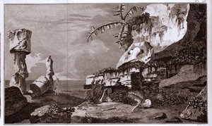 La Isla de Pascua (Rapa Nui) en Polinesia según los “Viaggi del Capitano Cook”, grabado del siglo XIX.