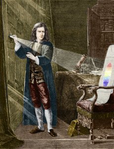 El físico inglés Isaac Newton (1642-1727) descomponiendo la luz con un prisma de vidrio. Grabado de 1880 de Unknown artist