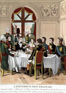 El Emperador francés Napoleón I en Tilssit recibiendo al Emperador de Rusia, Príncipe Constantino, el Rey de Prusia, su esposa, el Príncipe Enrique y el Gran Duque de Bert, brindando por la salud de la Reina de Prusia. de Unknown artist