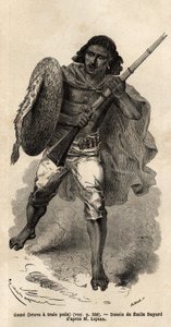 El Juego, o valiente tiene tres cabellos, soldado abisinio con fusil. Grabado para ilustrar el viaje a Abisinia, en 1862 por Guillaume Lejean, en "Le tour du monde, nouveau journal des voyages" publicado bajo la dirección de Edouard Charton