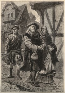 El guantero acompañando a su hija a la iglesia - ilustración del siglo XIX para la novela histórica “La Bella Doncella de Perth o el Día de San Valentín (o La Hermosa Doncella de Perth) de Unknown artist