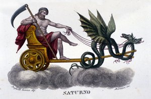 El dios Saturno (o Cronos) en un carro tirado por dos dragones. De una ilustración de Raffaello Sanzio. Grabado del siglo XIX de Unknown artist