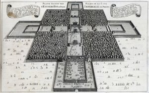 La Corte Imperial de Pekín (Ciudad Prohibida) - en "The Embassy of the Eastern Company of the United Provinces towards the Emperor of China or Grand Cam of Tartaria" por Pierre de Goyer y Jacob de Keyser, Leiden de Unknown artist