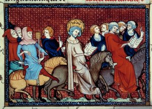 El Rey de Francia Luis IX (San Luis) (1214-1270) a caballo contando sus horas a sus capellanes. Miniatura de un manuscrito 