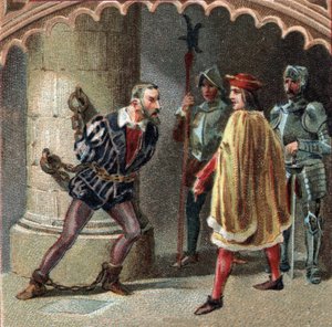 El Rey de Francia Luis XII tiene a Ludovico María Sforza, conocido como el Moro (1452-1508) encerrado en el castillo de Loches, en Touraine. Cromolitografía de finales del siglo XIX