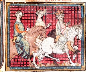 El rey de los francos Chilperico I (543-597) y Fredegunda a caballo. Miniatura de 