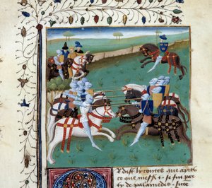 Los caballeros de la Mesa Redonda participando en un torneo caballeresco. Miniatura del manuscrito 