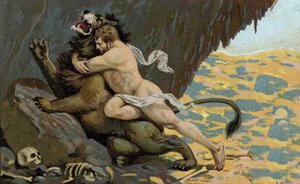 Los trabajos de Hércules: Hércules y el León de Nemee, principios del siglo XX (cromo) de Unknown Artist