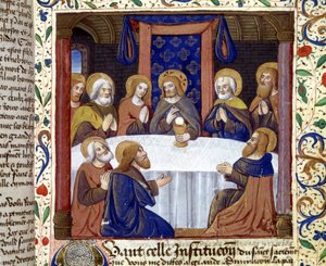 La Última Cena. (Cristo rodeado de sus apóstoles) - iluminación de la Edad Media, sd. de Unknown artist