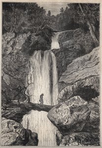 La cascada de Linklater - ilustración del siglo XIX para la novela histórica “Los Puritanos de Escocia” (Vieja Mortalidad) de Walter Scott (1771-1832) de Unknown artist