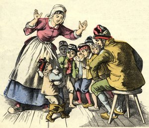 El pequeño Poulet y sus hermanos vuelven a casa con sus padres. Ilustración del cuento “Le Petit Poucet” de Charles Perrault de Unknown artist
