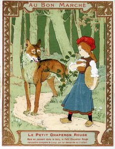 Caperucita Roja se encuentra con el lobo - etiqueta publicitaria de Bon Marché de Unknown artist