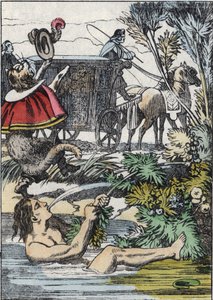 El Marqués de Carabás finge ahogarse mientras el gato con botas pide ayuda. Ilustración del cuento “El gato con botas” de Charles Perrault. de Unknown artist