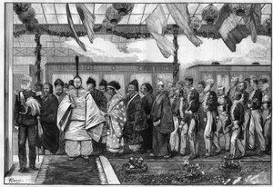 El Mikado, el gobernante espiritual de Japón, inauguró el primer ferrocarril de su país de Unknown artist