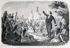 El profeta mormón Joseph Smith predicando a los indios (Norteamérica). Ilustración del siglo XIX
