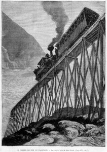 El ferrocarril del Pacífico en el puente de madera de Dale Creek - grabado, finales del siglo XIX de Unknown artist
