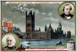 El Palacio de Westminster, o Parlamento de Londres (Inglaterra), con retratos de William Ewart Gladstone (1809-1898) y Benjamin Disraeli, Lord Beaconsfield (1804-1881) - cromolitografía de Liebig de Unknown artist