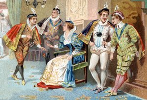 El Palacio del Louvre bajo el reinado de Enrique III (siglo XVI): jóvenes de la Corte del Rey. Cromolitografía de finales del siglo XIX. de Unknown artist