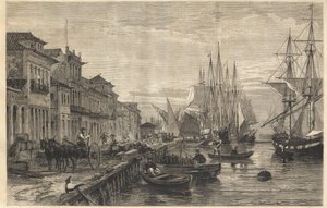El muelle de Boa Vista, en San Pedro de Río Grande del Sur, un puerto de Brasil - El muelle de Belle-Vue, en San Pedro de Río Grande (Brasil) - Capitanía de Sao Pedro do Rio Grande do Sul - Grabado de 