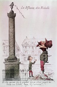 El reflejo de un miserable - Y decir, que mi sueño de grandeza no podía elevarse hasta él..., Toma una escalera, papá, llegarás allí...!. Caricatura sobre Napoleón III (1808 - 1873) mirando la columna Vendôme con su hijo. Grabado de la época. de Unknown artist