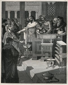 El emperador romano Calígula (12-41) en un brocante en la Galia romana. Grabado de 1885 en “Les arts et metiers illustres” de Adolphe Bitard.