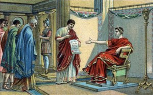 El emperador romano Constantino (272-337) estableció las primeras leyes religiosas sobre la igualdad de creencias. Cromolitografía de finales del siglo XIX. de Unknown artist
