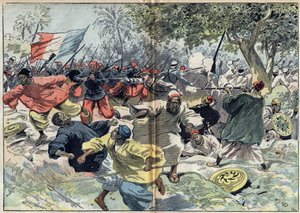 Las tropas sudanesas de Samory Toure (circa 1835-1900) fueron colocadas detrás de las orillas del río Cavalby por una colonia francesa bajo el mando del Teniente Walfel. Sudán, 9 de septiembre de 1898. Ilustración en "Le Pelerin" del 9 de octubre