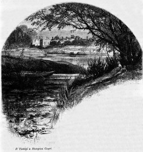 El Támesis en Hampton Court: Palacio de Hampton Court, antigua residencia del Rey Enrique VIII de Inglaterra. Grabado del siglo XIX. de Unknown artist