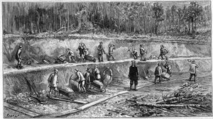 El Ferrocarril Transiberiano: sitio de trabajadores chinos. (De una fotografía). Grabado en "La Nature: revue des sciences et de leurs aplicaciones aux arts et a l