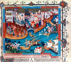 El explorador veneciano Marco Polo, salió de la ciudad de Venecia con su padre y su tío en 1271: se dirigió al Lejano Oriente y tomó la Ruta de la Seda, miniatura
