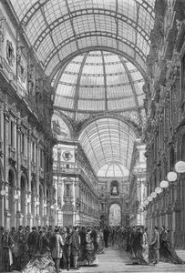La galería Víctor Manuel en Milán en 1867. (Galleria Vittorio Emanuele). Grabado de 1867. de Unknown artist