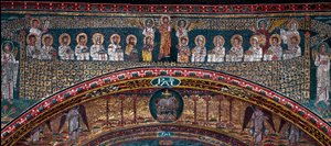 La visión de la Jerusalén celestial: Los elegidos son recibidos por los ángeles. Abajo, el cordero de Dios. (detalle)