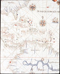 Las Indias Occidentales: Florida, Honduras, Cuba, Perú y el Caribe (Detalle del Portulano de Castellini) de Unknown artist