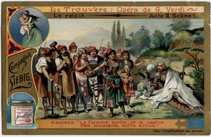 El acto II escena 1. Ilustración para la ópera “Il trovatore” de Giuseppe Verdi (1813-1901). Cromolitografía (Chromo) Liebig de finales del siglo XIX. de Unknown artist