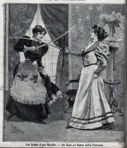 Las secuelas de una rivalidad: un duelo de espadas entre mujeres. Grabado en 