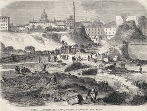 El anfiteatro Gallo Romano descubierto en la Rue Monge en París en 1870, hoy las Arenas de Lutecia. Grabado del siglo XIX. de Unknown artist