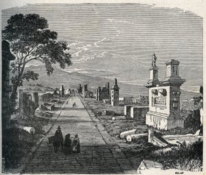 La antigua ruta Apia, via appia cruzando los pantanos pontinos (Agro pontino) cerca de Roma. Grabado del siglo XIX. de Unknown artist
