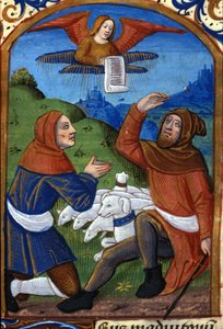 El ángel anuncia a los pastores el nacimiento de Jesús. Manuscrito del siglo XV. Biblioteca Nazionale Braidense, Milán de Unknown artist