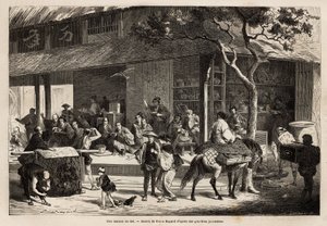 La animación de una casa y las actividades de la calle. Grabado para ilustrar el viaje a Japón, en 1863-1864, por Aime Humbert, ministro de la Confederación Suiza, en 