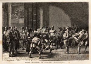 Los preparativos para la lucha de sumo, los atletas se calientan, estiran, se peinan y se concentran antes de luchar. Grabado para ilustrar el viaje a Japón, por Aimé Humbert, ministro de la Confederación Suiza, en 1863-1864, publicado en Le tour du monde