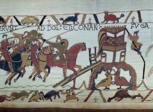 Los ejércitos de Guillermo el Conquistador (1027-1087) fueron a luchar contra el Duque de Bretaña, llegaron a Bayeux. Harold acaba de ser nombrado caballero por Guillermo (detalle) Tapiz de Bayeux o Bordado de la Reina Matilde de Unknown artist
