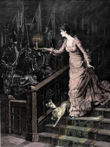 La armería encantada: una joven desciende las escaleras y dirige la vela que sostiene en su mano hacia un conjunto de armaduras. Ilustración de finales del siglo XIX de Unknown artist