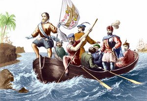 La llegada de Cristóbal Colón a San Salvador el 12/10/1492. Grabado c. 1876 de Unknown artist